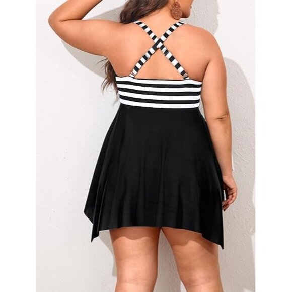 Nieyook Chest Drawstring Striped Swimdress High Waisted Boy Shorts Size 24W - Picture 7 of 11